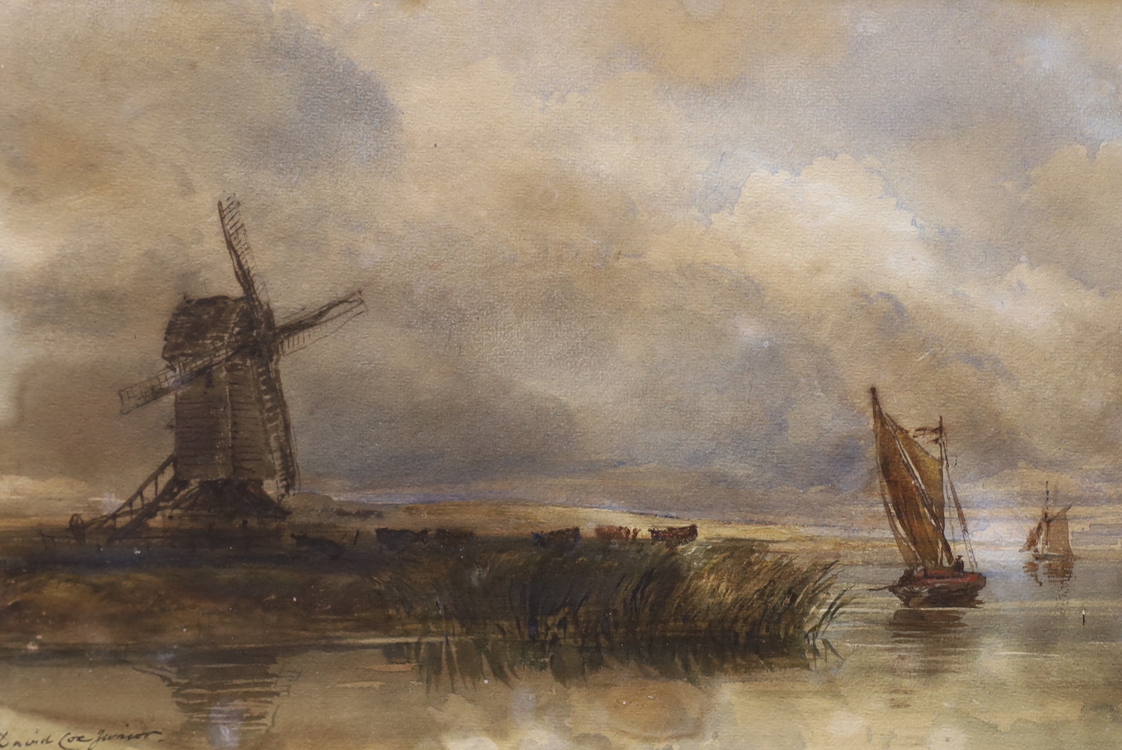 David Cox Jnr. (1809-1885), pair of watercolours, Coastal landscape with windmill and rural landscape with figure, one signed, 25 x 40cm